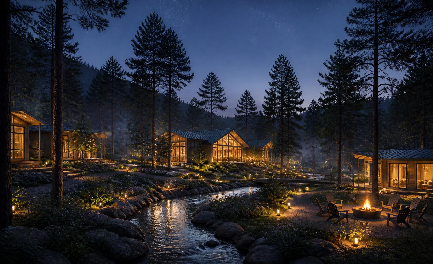Conceptual cabins and a lodge beside a creek in a pine forest at night