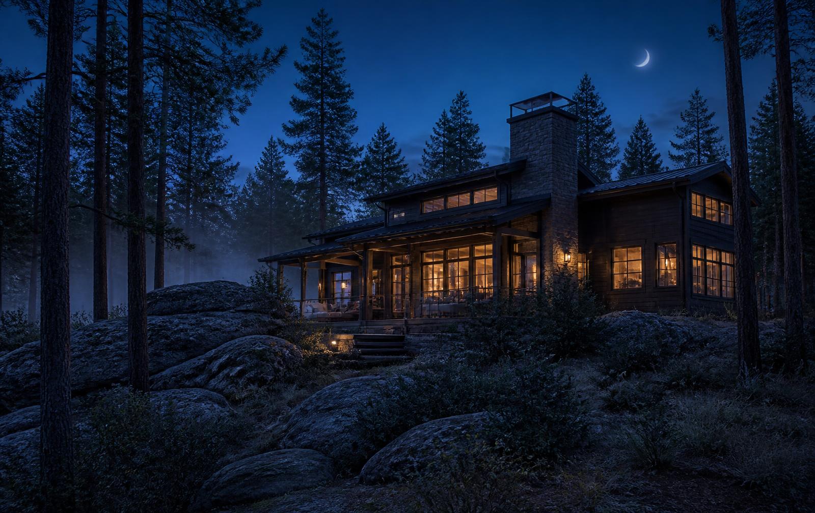 A candlelit cabin among pines under a crescent moon